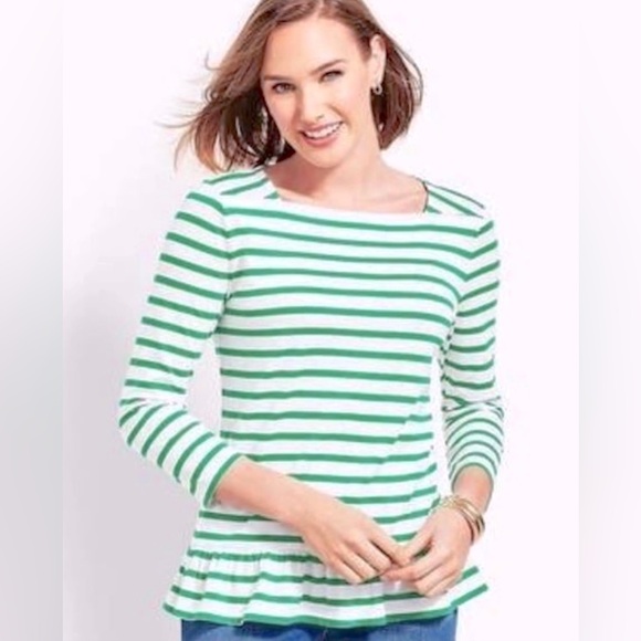 Talbots Tops - Talbots Green and White Striped Peplum Hem Square Neckline Top Size M